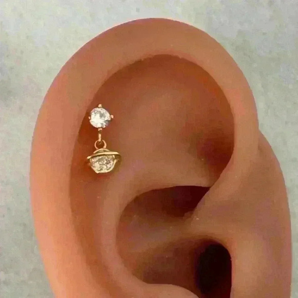 Gold Crystal Saturn Dangle Cartilage Earring - Picture 4 of 5